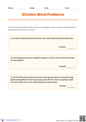 Printable Grade 5 Division Word Problems Worksheet