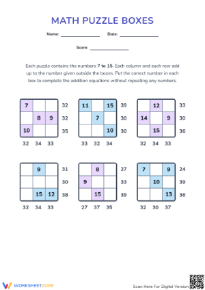 Grade 3-4 Math Puzzle Boxes — Printable No-Prep Worksheet