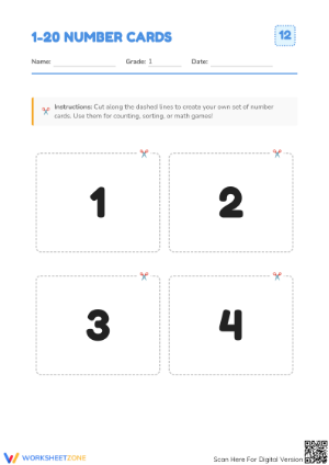 1–20 Number Cards | Grade 1 Printable Math Worksheet