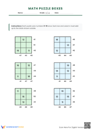 Printable Addition Puzzle Boxes | Grade 3-4 Math