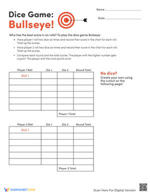 Bullseye Dice Math Game Worksheet