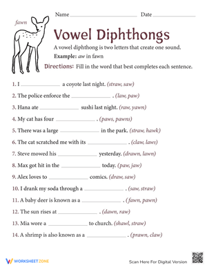 Vowel Digraphs Worksheet: 'aw' Sounds