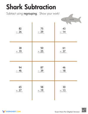 Subtraction with Regrouping: Shark-Themed Fun!
