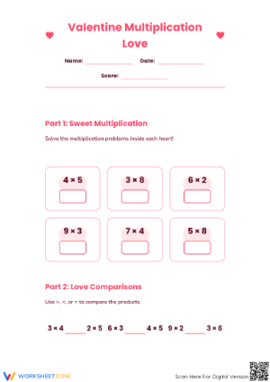 Valentine Multiplication Worksheet | Grade 3 Printable