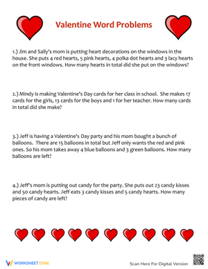 Valentine Word Problems: Math Challenges Worksheet