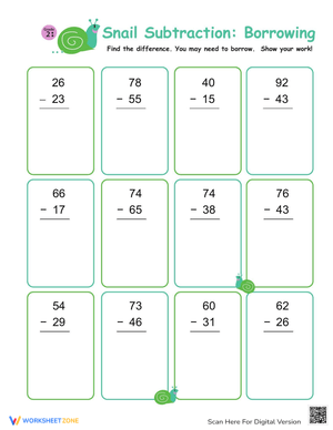 Snail Subtraction: Practice Math Skills Worksheet