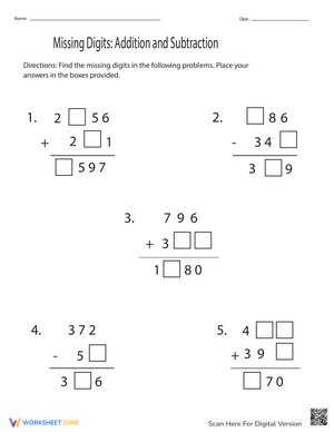 Missing Digits: Addition and Subtraction