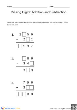 Printable Missing Digits: Addition and Subtraction Worksheet