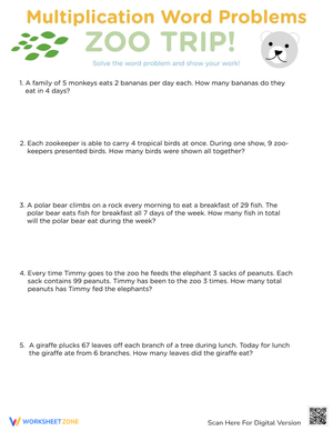 Solve Zoo Themed Multiplication Word Problems