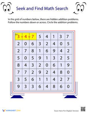 Addition Search: Find the Sums! - Math Puzzle Worksheet