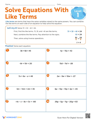 Solve Equations with Like Terms Level 1