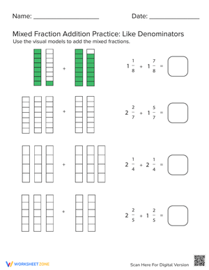 Mixed Fraction Addition: Like Denominators