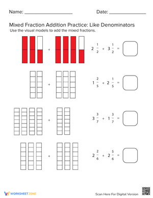 Mixed Fraction Addition: Like Denominators Practice