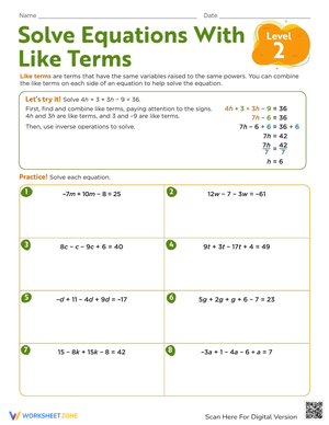 Solve Equations: Like Terms - Level 2