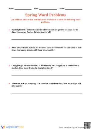 Spring Word Problems Worksheet: Grade 4 Printable Essential