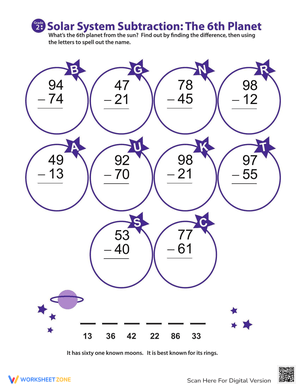 Space Math: Solar System Subtraction Worksheet