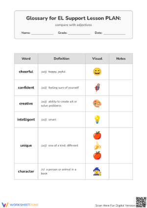 Adjectives Glossary Worksheet | Grade 1 Printable