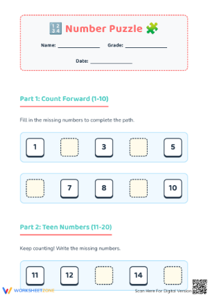 Printable Kindergarten Number Puzzle: Counting 1-20