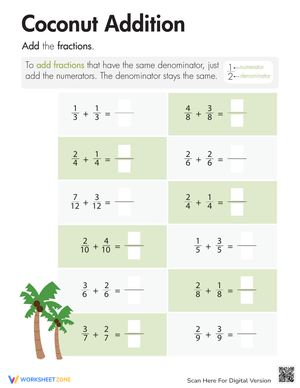 Fraction Addition: Coconut Thirds Math Worksheet