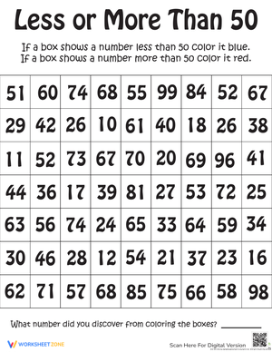 Number Sense: Less or More Than 50 Worksheet Practice
