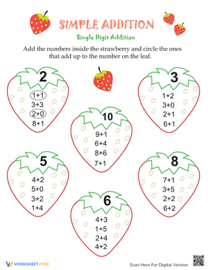 Simple Addition: Strawberries Math Worksheet