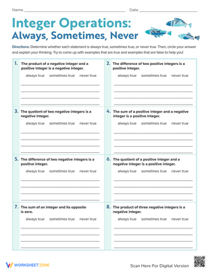 Integer Operations: Always, Sometimes, Never Worksheet