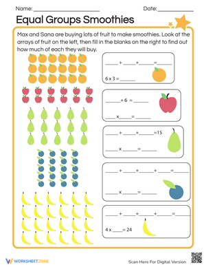 Equal Groups Smoothies Worksheet: Multiplication Fun