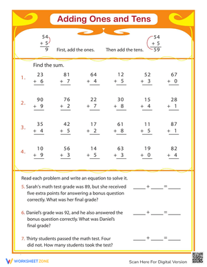 Review Addition Ones Tens Worksheet