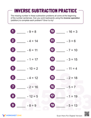 Inverse Subtraction Practice Worksheet
