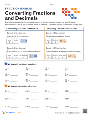 Fraction Basics: Fractions and Decimals Worksheet