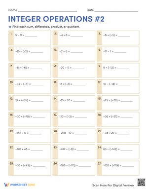 Integer Operations Practice Worksheet