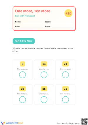 One More Ten More Printable Worksheet | Grade 1 Math