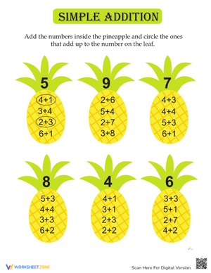 Pineapples Simple Addition Worksheet