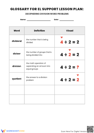 Division Vocabulary Glossary | Grade 4 Printable