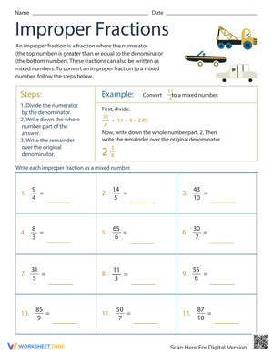 Understanding Improper Fractions Worksheet