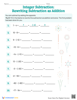 Integer Subtraction: Rewriting as Addition Worksheet