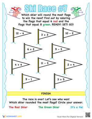 Ski Race Math: Solve Equations Worksheet