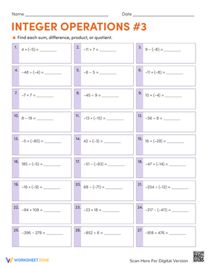 Integer Operations: Practice Worksheet