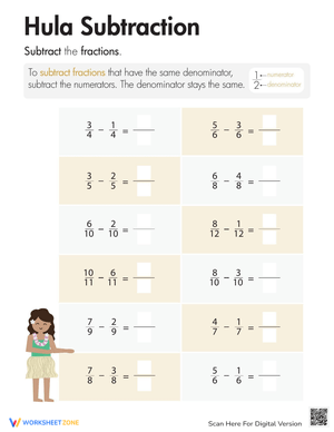 Fraction Subtraction Hula Worksheet