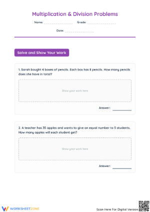 Printable Grade 3 Multiplication & Division Word Problems