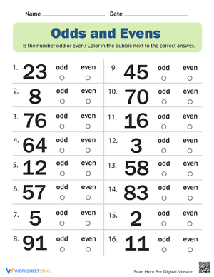 Odds and Evens: Number Practice Worksheet