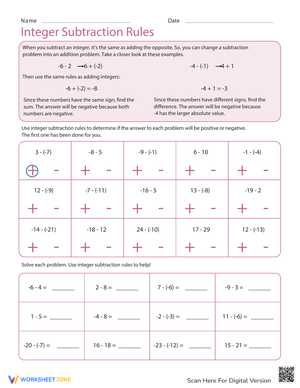 Integer Subtraction Worksheet