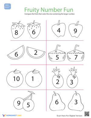 Numbers Large Small Fruity Fun Worksheet