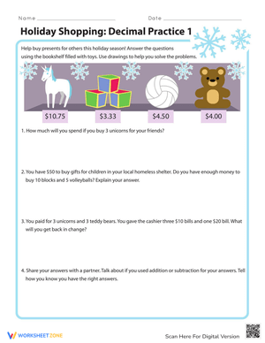 Holiday Shopping Decimal Practice Worksheet