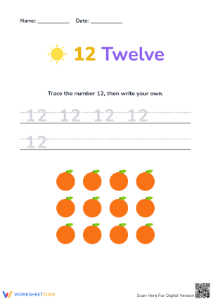 Printable Number 12 Tracing and Counting Worksheet | Grade K