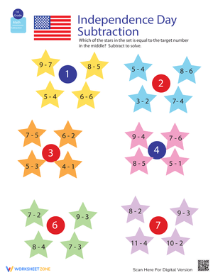 Holiday Math: 4th July Subtraction Worksheet