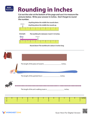 Ruler Reading and Rounding Inches Worksheet