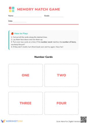 Numbers Memory Game Worksheet | Grade K Printable