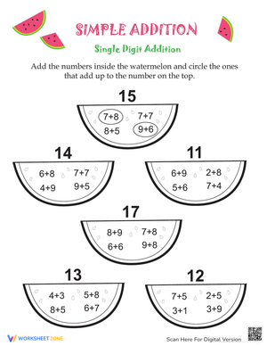 Watermelon Simple Addition Worksheet for Kids