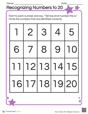 Recognizing Numbers to 20 Practice Worksheet